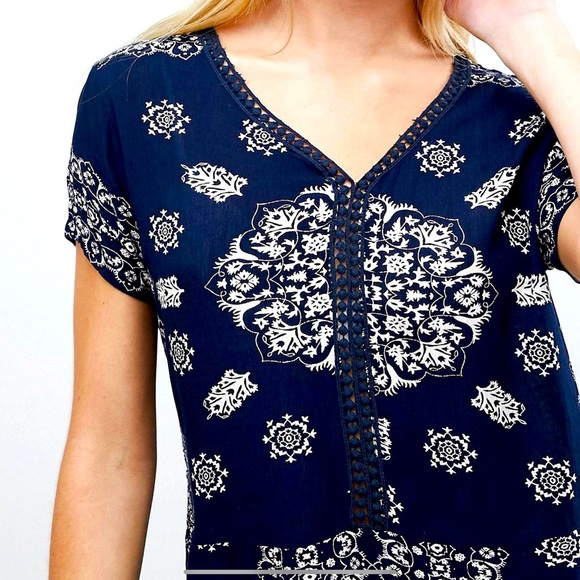 Brave Soul Narita Printed Top with Crochet Trim - Navy / S - Picture 1 of 9